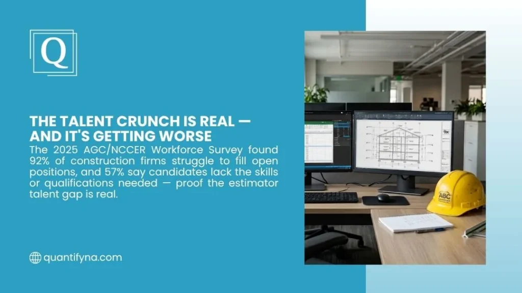 Graphic on the construction talent crunch showing a dual monitor workstation with drawings, a notebook and yellow hard hat