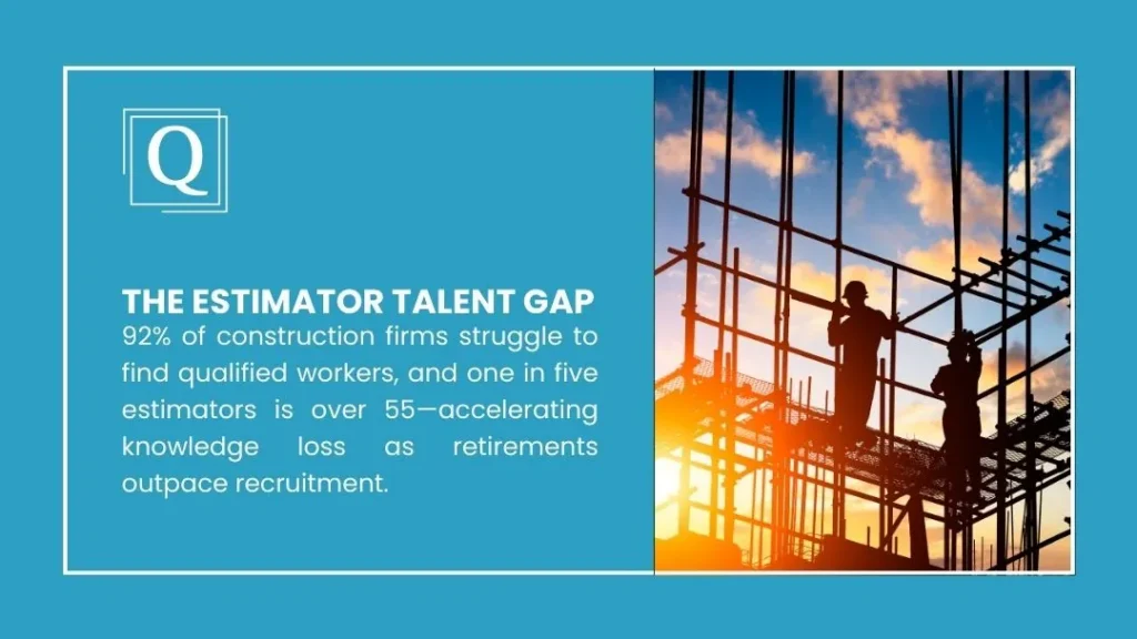 Graphic titled The Estimator Talent Gap with workers silhouetted on scaffolding against a sunset sky