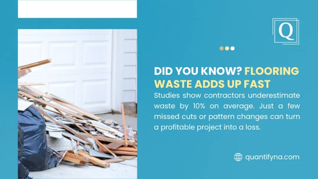 Flooring waste infographic showing a pile of broken wood and tile debris beside black garbage bags