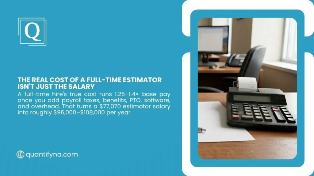 Quantify graphic on the real cost of a full-time estimator, with a printing calculator on an office desk