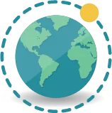 Flat illustration icon of planet Earth with a dashed orbit line and small yellow sun