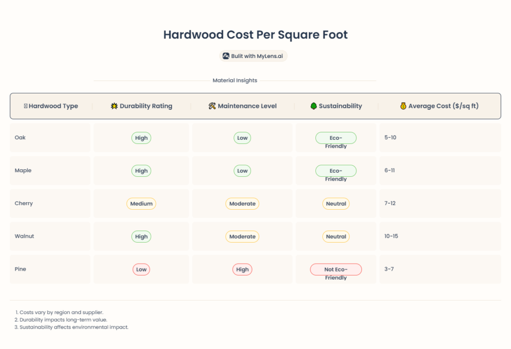 Table of hardwood cost per square foot comparing oak, maple, cherry, walnut and pine by durability and maintenance