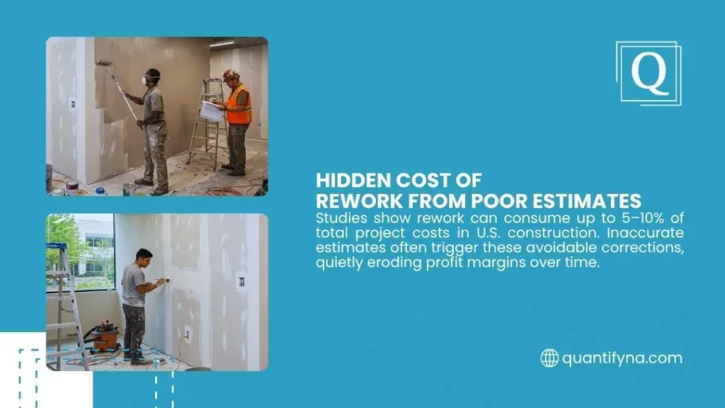 Quantify graphic on rework costs, showing workers painting and patching drywall walls in an unfinished interior