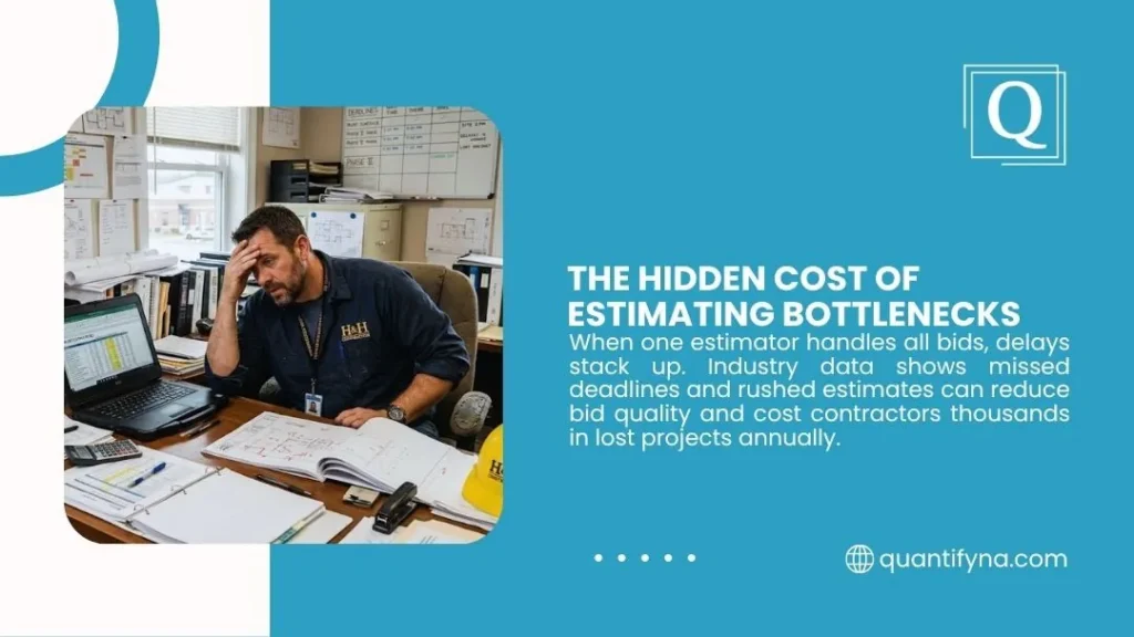 Quantify graphic on estimating bottlenecks, showing a stressed contractor at a cluttered desk with plans and laptop