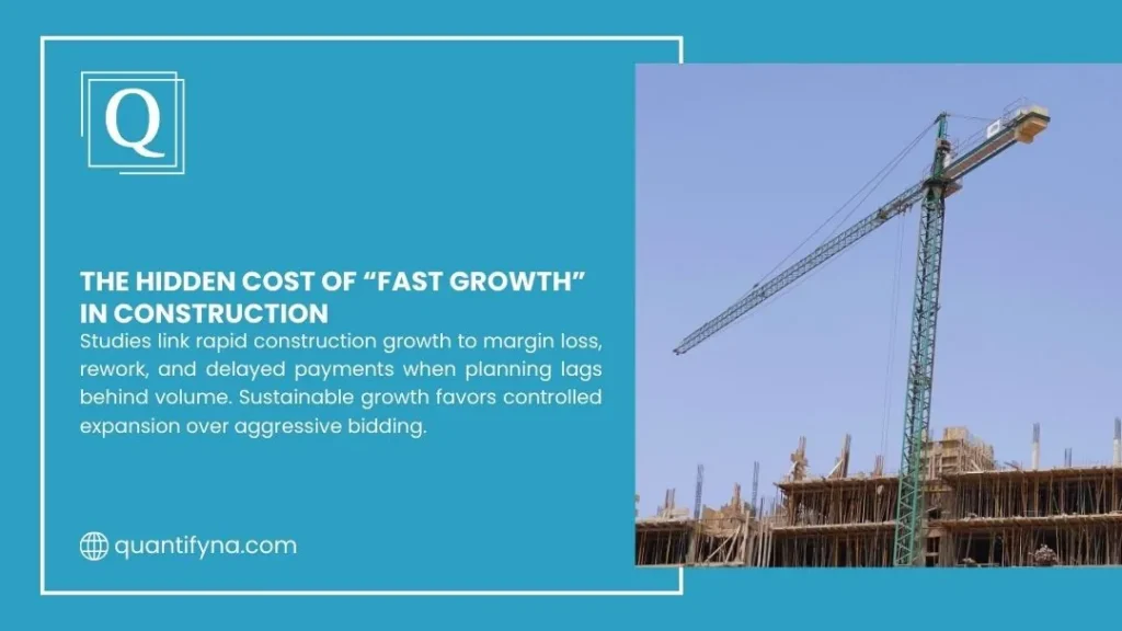 Quantify graphic titled The Hidden Cost of Fast Growth in Construction, showing a tower crane over a building site