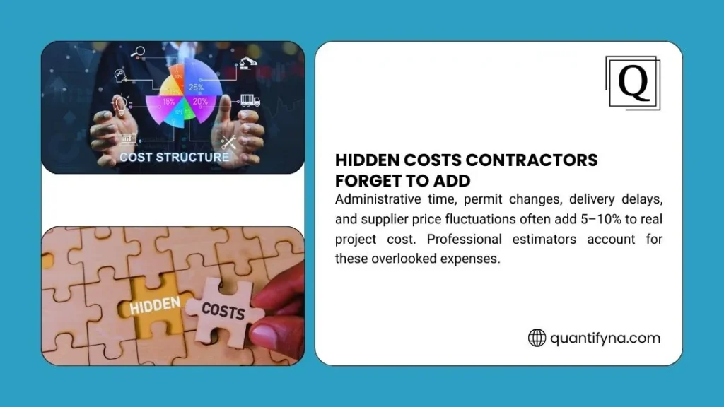 Quantify infographic on hidden costs contractors forget, with a cost structure pie chart and a Hidden Costs puzzle piece