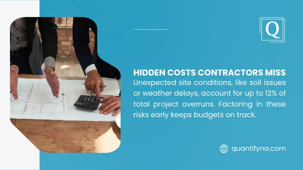 Hidden costs contractors miss infographic showing people reviewing blueprints with a calculator on a wooden table