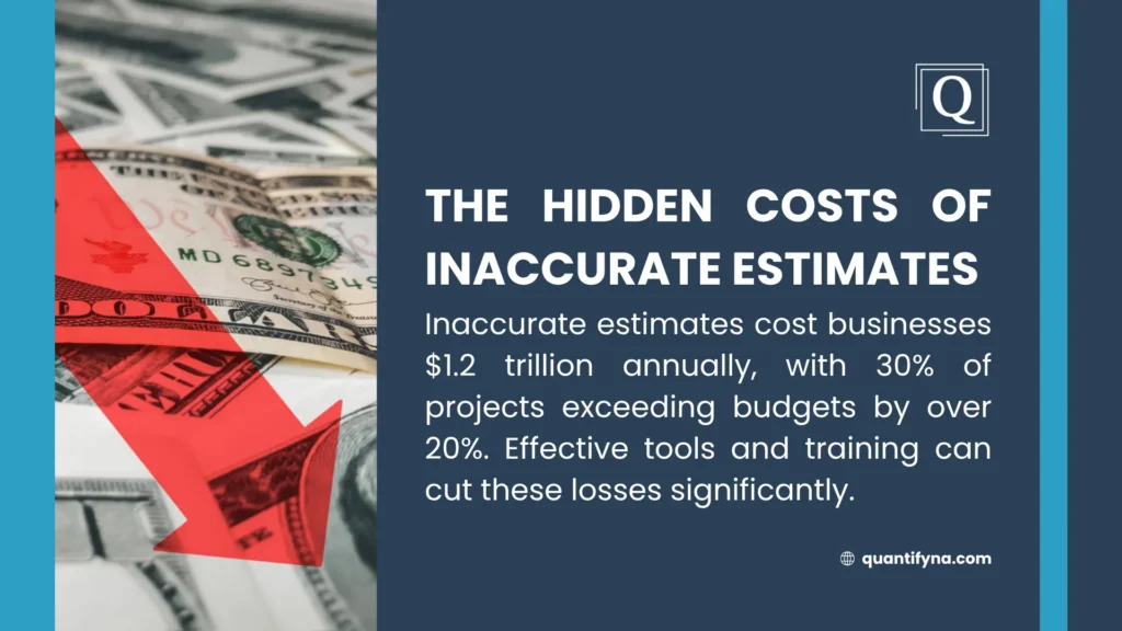 Graphic with US dollar bills under a red downward arrow and text about the hidden costs of inaccurate estimates
