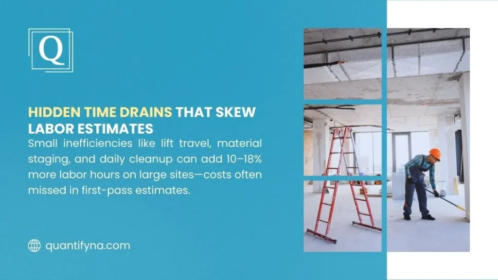 How to Estimate Large Commercial Painting Jobs 1 Graphic on hidden time drains that skew labor estimates, showing ladders and a hard hat worker on site