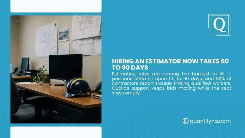 Graphic titled Hiring an Estimator Now Takes 60 to 90 Days, showing an empty desk with a hard hat