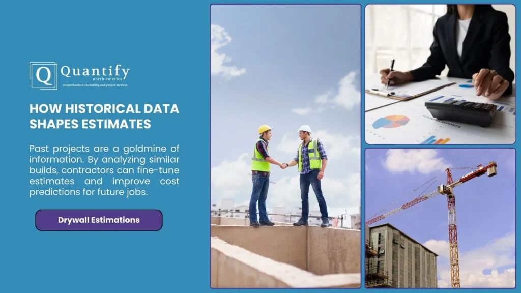 Top Down Estimating: A Comprehensive Guide for Construction Professionals 5 Collage on historical data in estimates showing workers shaking hands on site, a person with reports, and a tower crane