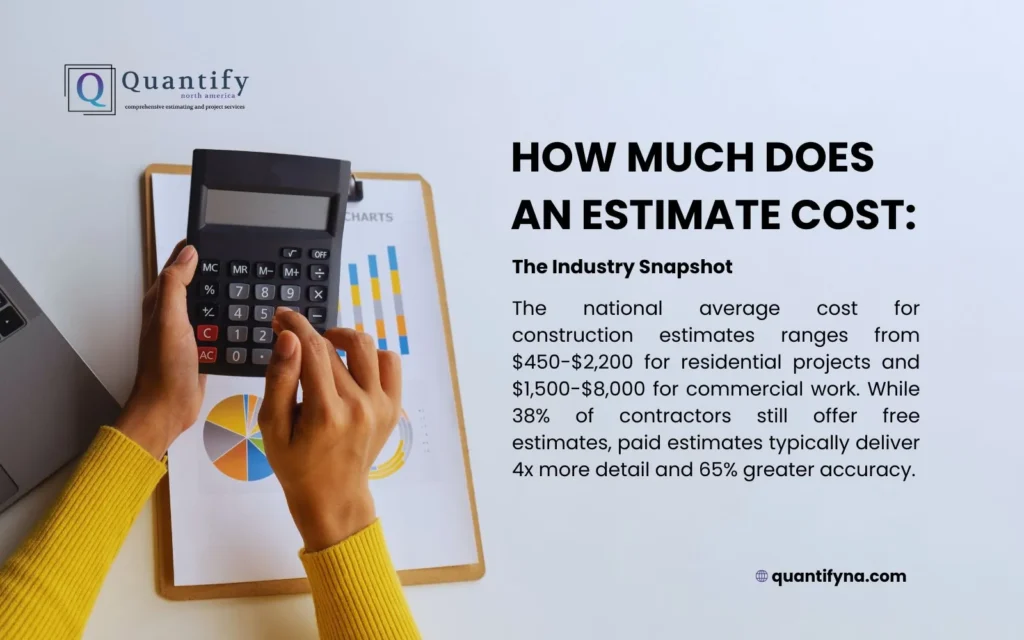 Graphic titled How Much Does an Estimate Cost, showing hands using a calculator over printed charts