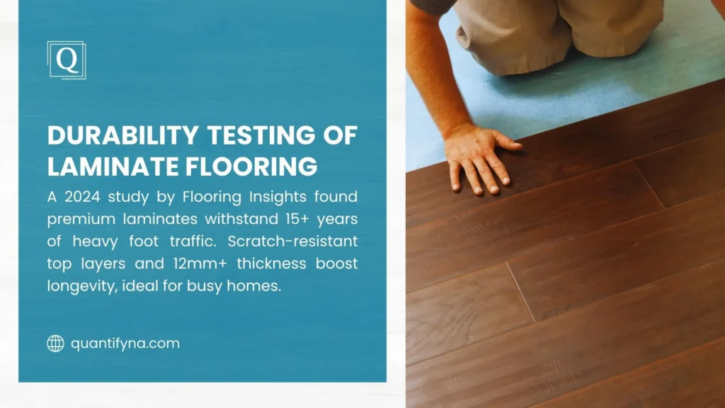 How Much Does It Cost to Install Laminate Flooring? 2 Kneeling installer laying dark wood look laminate planks over blue underlayment, laminate durability graphic