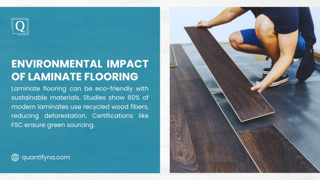 How Much Does It Cost to Install Laminate Flooring? 1 Worker in shorts placing a dark laminate plank over black underlayment, environmental impact of laminate flooring graphic