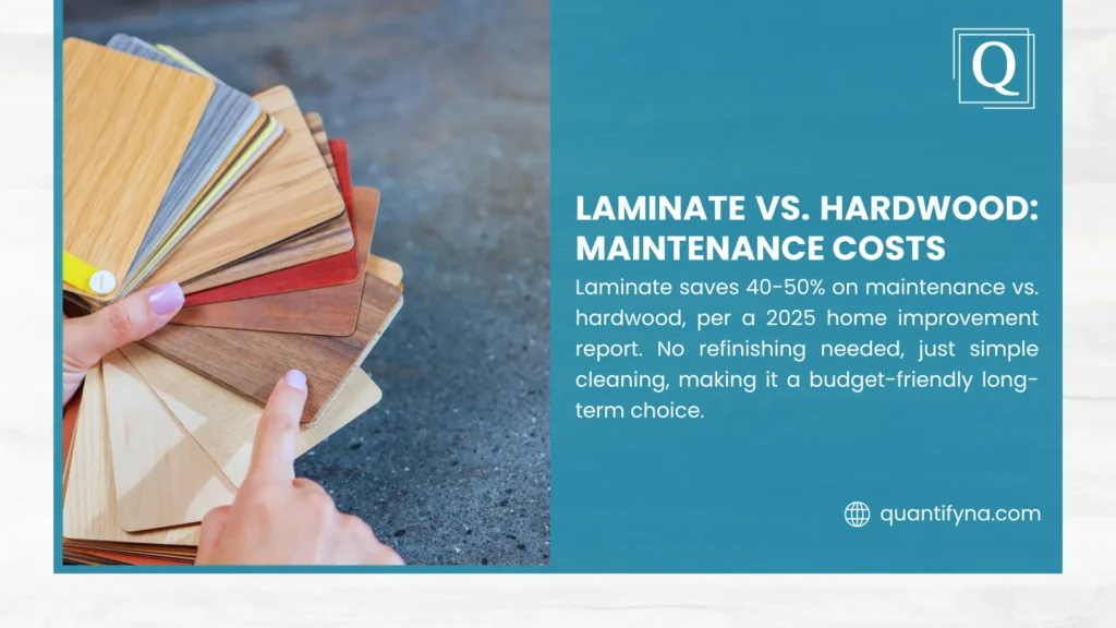 How Much Does It Cost to Install Laminate Flooring? 3 Hand fanning out wood grain laminate sample swatches, graphic on laminate versus hardwood maintenance costs