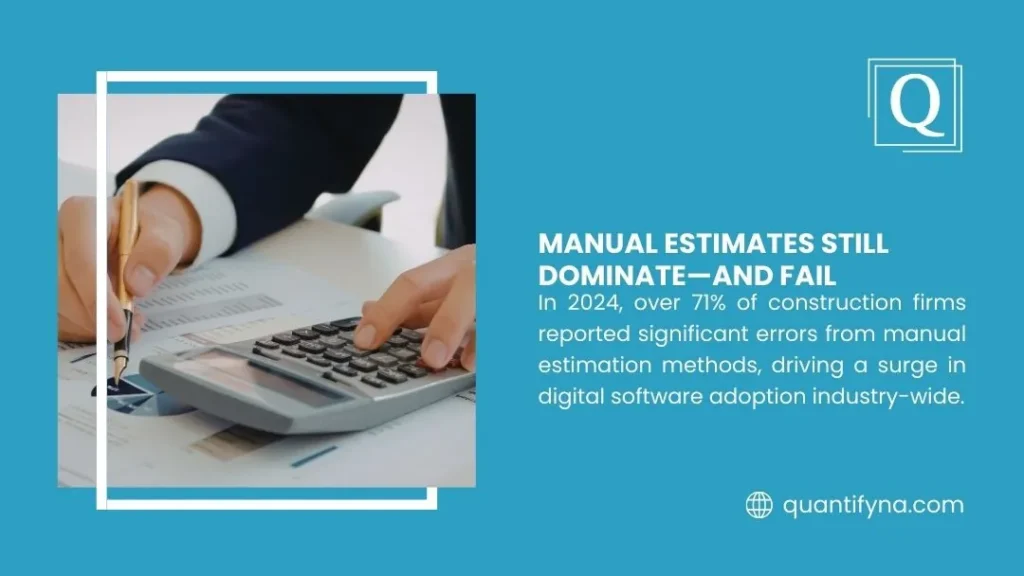 Graphic titled Manual Estimates Still Dominate and Fail showing hands using a calculator and pen over documents