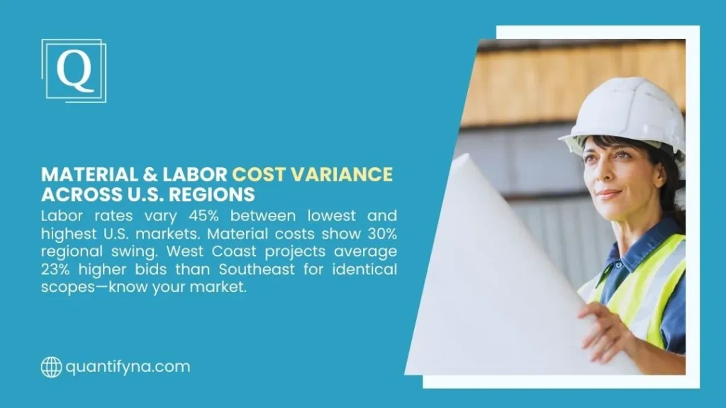 Graphic on material and labor cost variance across U.S. regions, with a woman in hard hat holding plans