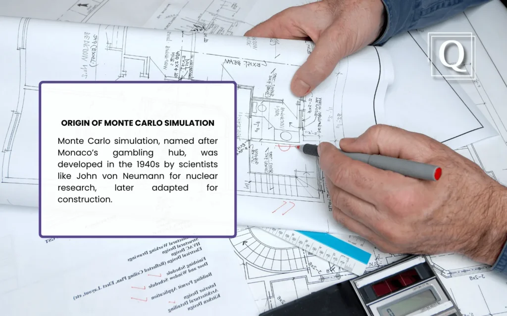 Monte Carlo Simulation: A Data-Driven Approach to Construction Estimating 1 Hands marking architectural blueprints with a red pen beside a calculator, with a text box on Monte Carlo origins