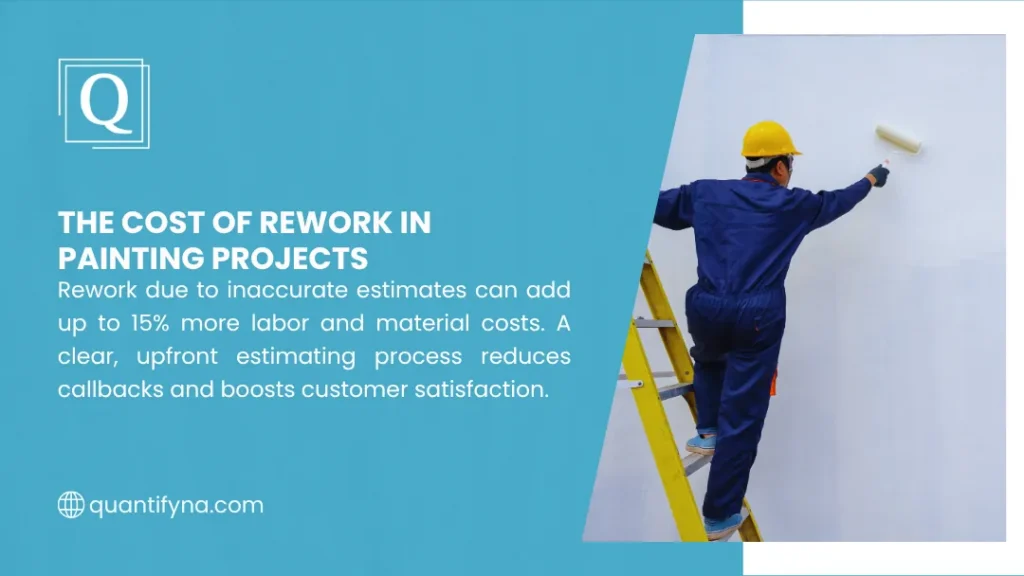 Graphic on cost of rework in painting projects, showing painter in hard hat rolling white wall from ladder