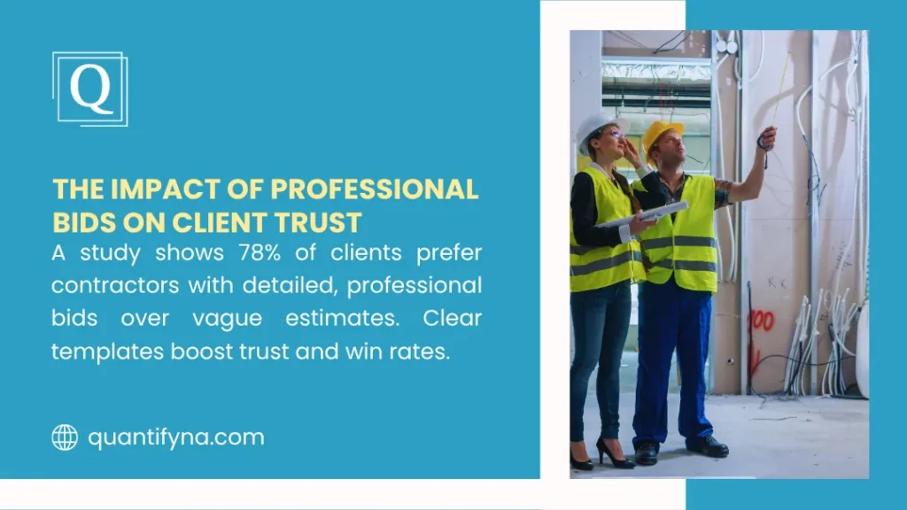 Drywall Bid Template: A Full Guide to Professional Proposals 1 Infographic on professional bids and client trust, with two workers in hard hats and vests inspecting a site