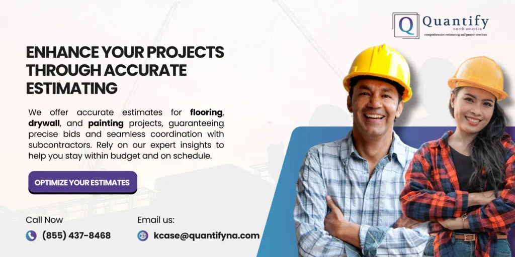 Top Down Estimating: A Comprehensive Guide for Construction Professionals 10 Quantify North America banner offering flooring, drywall and painting estimates, with two smiling workers in yellow hard hats