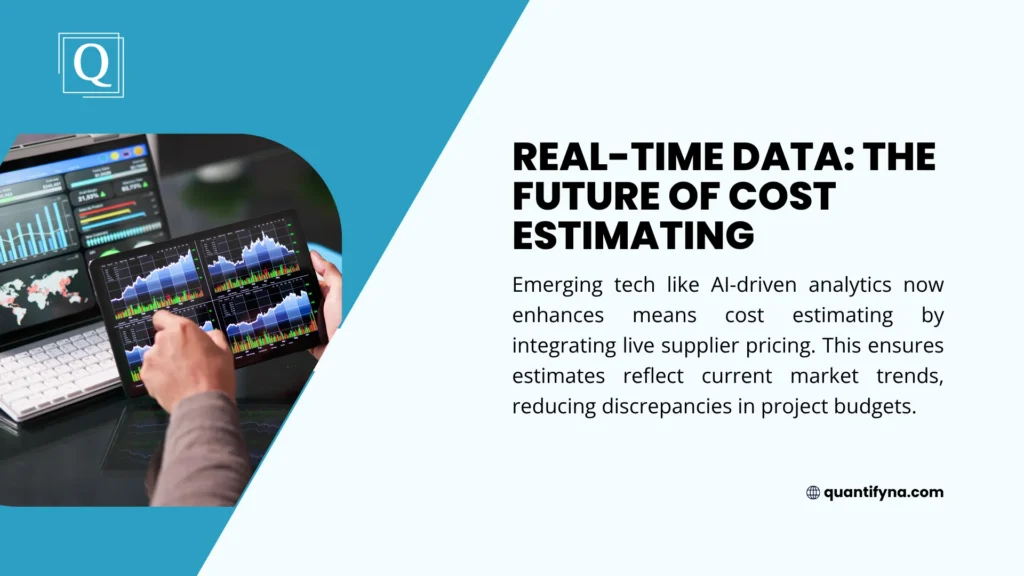 Graphic of a person touching a tablet with financial charts beside a laptop, with text on real time data in cost estimating