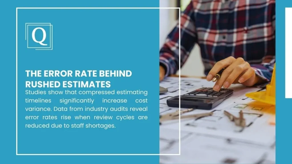 Estimating Without Enough Staff in the USA: How Accuracy Survives Under Pressure 1 Graphic titled The Error Rate Behind Rushed Estimates showing a person using a calculator over blueprints
