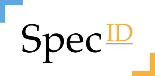 SpecID logo with black Spec text, orange ID lettering and blue and orange corner accents