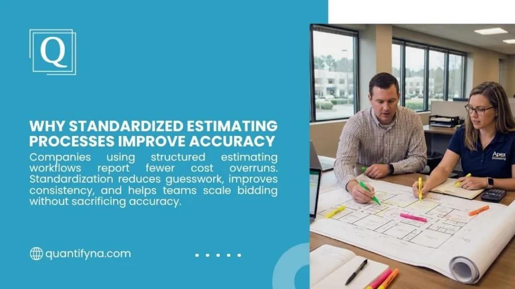 Quantify graphic on standardized estimating processes, showing two estimators marking floor plan blueprints with highlighters