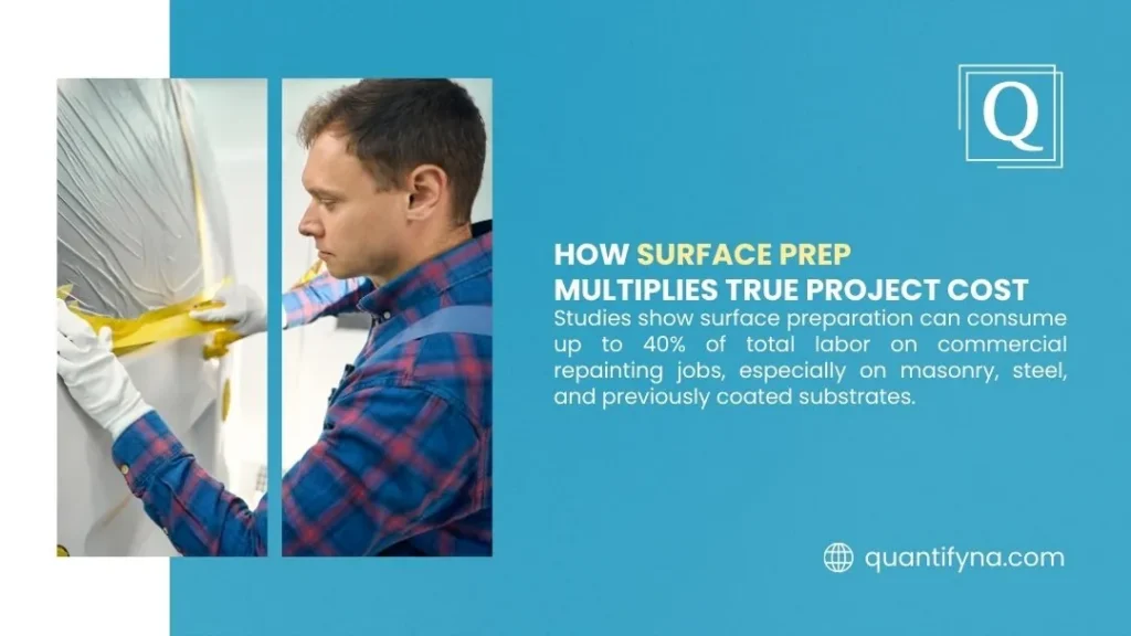 How to Estimate Large Commercial Painting Jobs 2 Graphic on how surface prep multiplies project cost, showing a man applying yellow masking tape to plastic sheeting