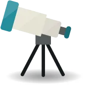 Flat illustration icon of a white and teal telescope standing on a black tripod