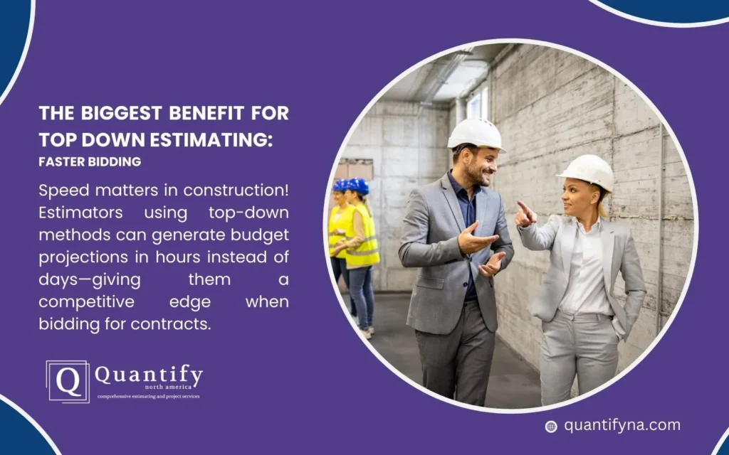 Top Down Estimating: A Comprehensive Guide for Construction Professionals 4 Quantify graphic on faster bidding as a top down estimating benefit, two people in hard hats talking indoors