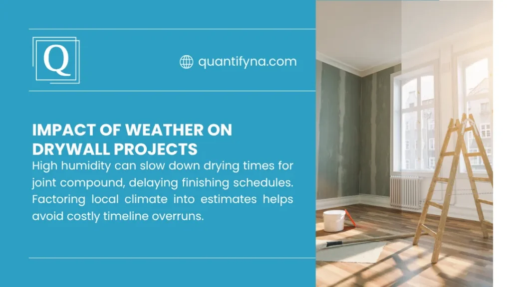 Drywall Estimating: How To Calculate Accurate Project Costs 3 Graphic on weather impact on drywall projects, with empty room showing taped drywall seams, wooden ladder and bucket