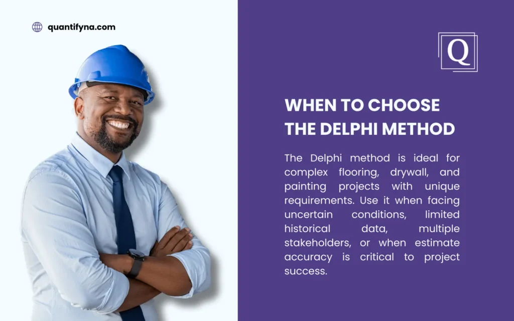 The Delphi Method: A Precise Approach to Construction Estimating 5 Graphic titled When to Choose the Delphi Method beside a smiling man in a blue hard hat and tie