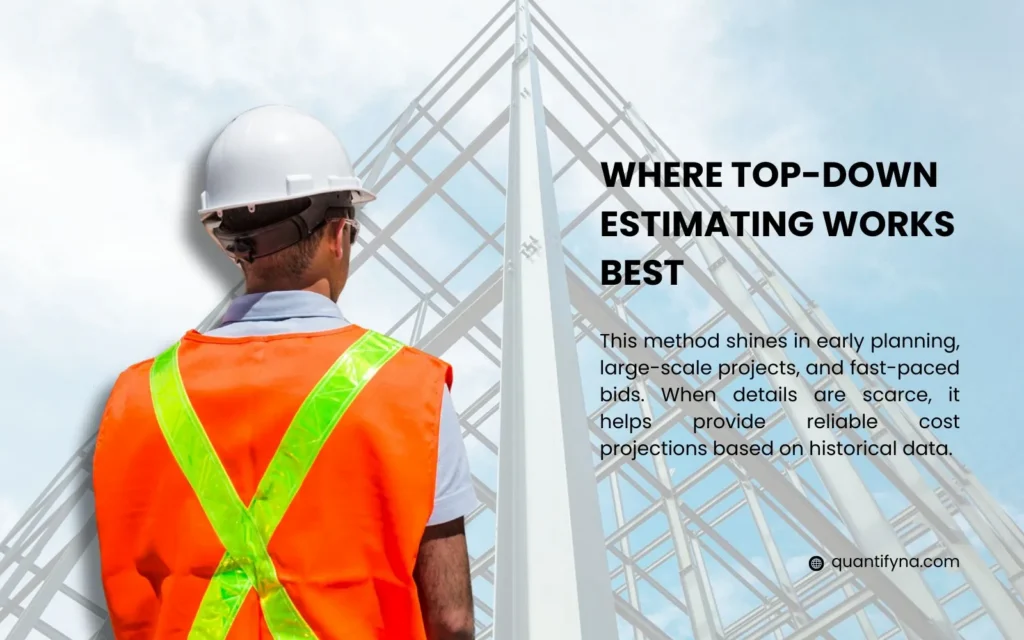 Top Down Estimating: A Comprehensive Guide for Construction Professionals 3 Graphic titled where top down estimating works best, worker in hard hat and orange vest facing steel frame