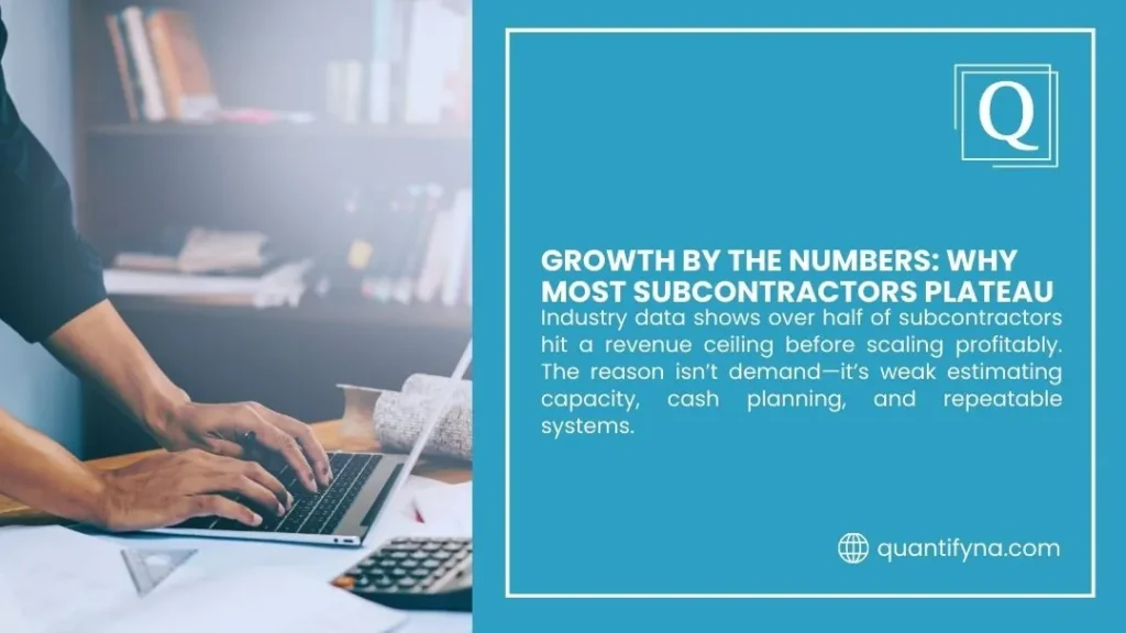 Quantify graphic titled Growth by the Numbers, Why Most Subcontractors Plateau, with a person typing on a laptop