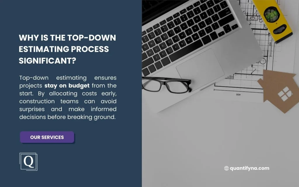 Top Down Estimating: A Comprehensive Guide for Construction Professionals 2 Graphic on why top down estimating matters, with laptop, blueprints, glasses, yellow level and cardboard house cutout