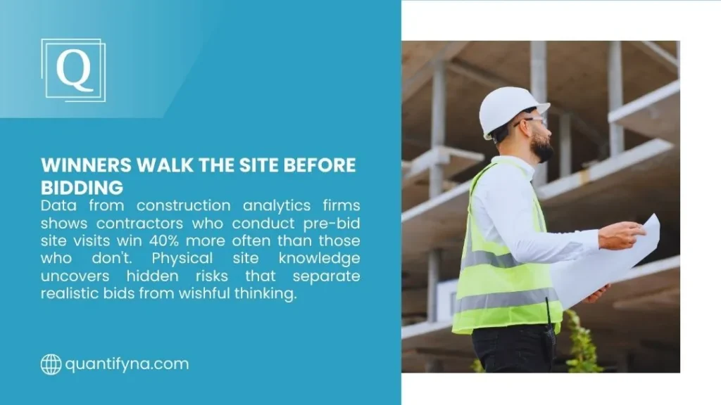 Quantify infographic titled Winners Walk the Site Before Bidding, showing a worker in hard hat holding plans at a concrete structure