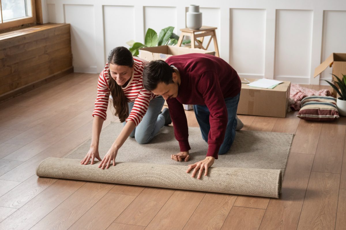 a couple presenting carpet vs hardwood cost and comparison.