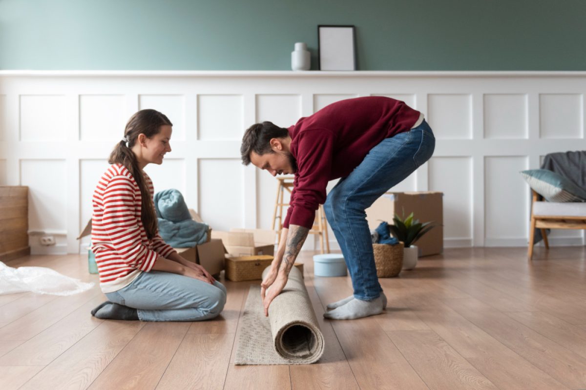 A couple laying down a rug on a laminate floor, considering the cost to install laminate flooring in their home renovation project.