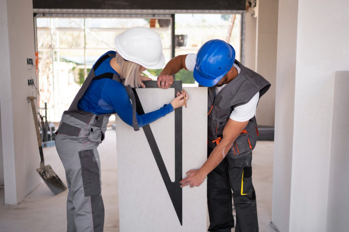 Two construction workers, wearing hard hats and uniforms, carefully measuring a drywall sheet in a construction site.